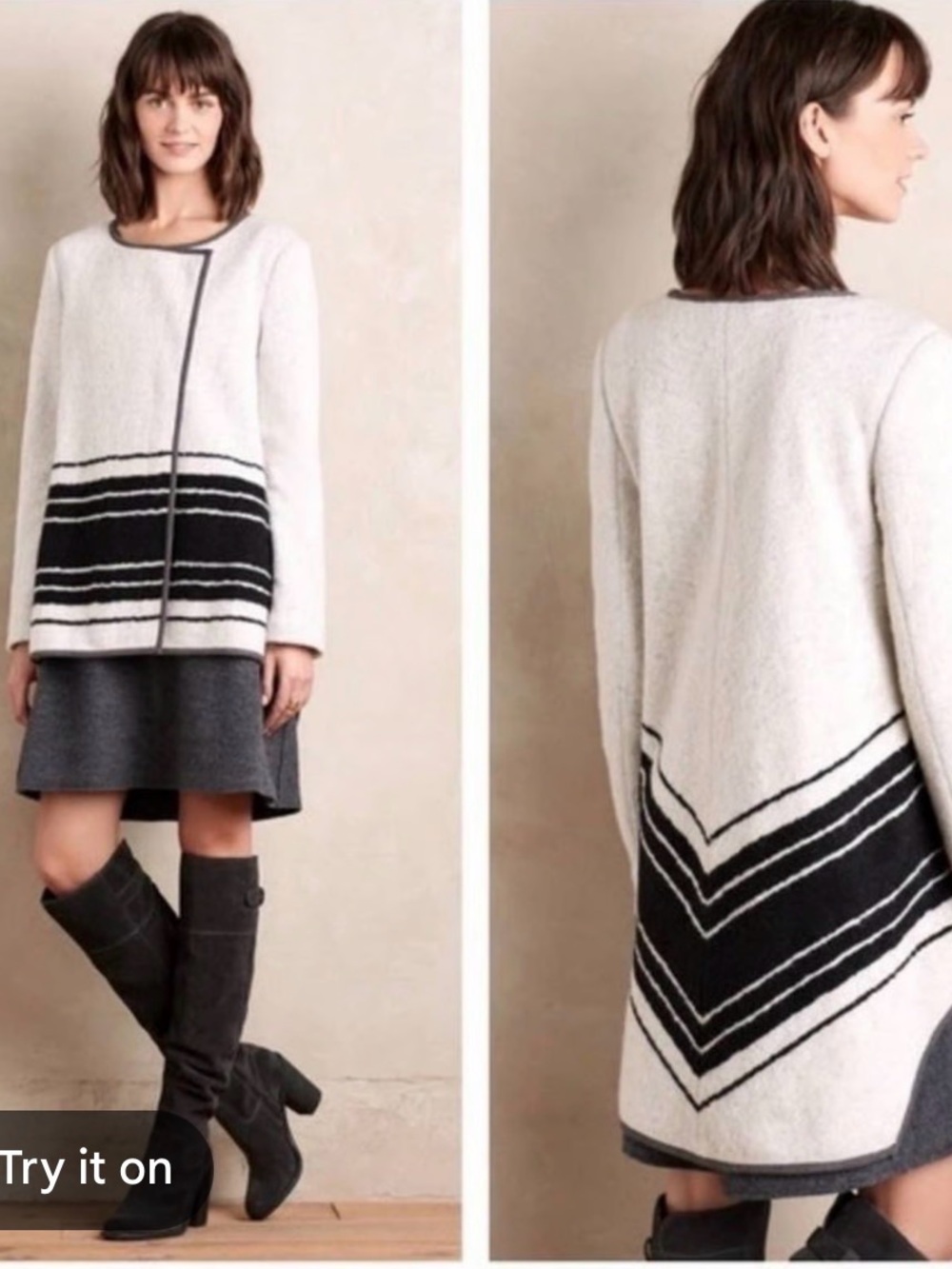 Anthropologie ELEVENSES Wool-Blend Chevron Trim Coat - White/Black XS Petite